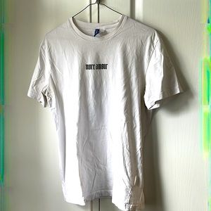 H&M white graphic tee with front and back designs, size: medium